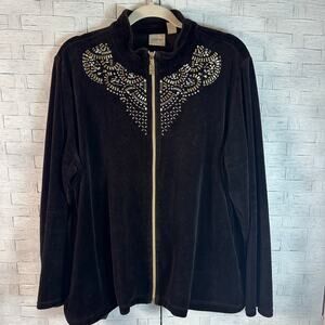 Zenergy by Chico’s velvet jacket,‎ dark brown, gold & silver sequence zip front
